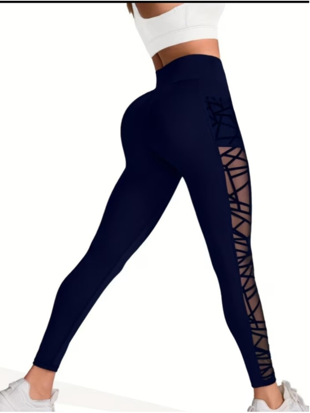 High-Waist Black Mesh Panel Leggings with Side Pocket - Picture 9 of 11
